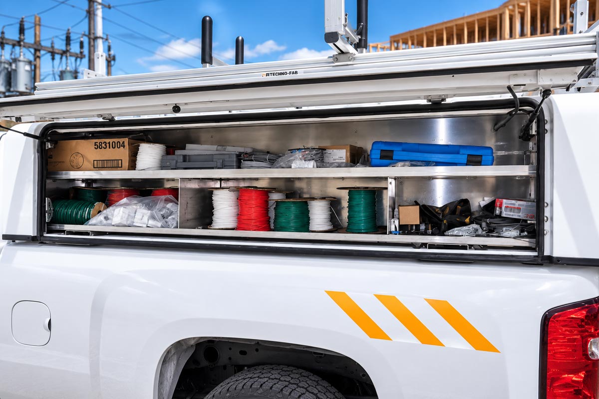 m50-side-door-electrician Electrician service body with side-access storage for wire, tools and supplies
