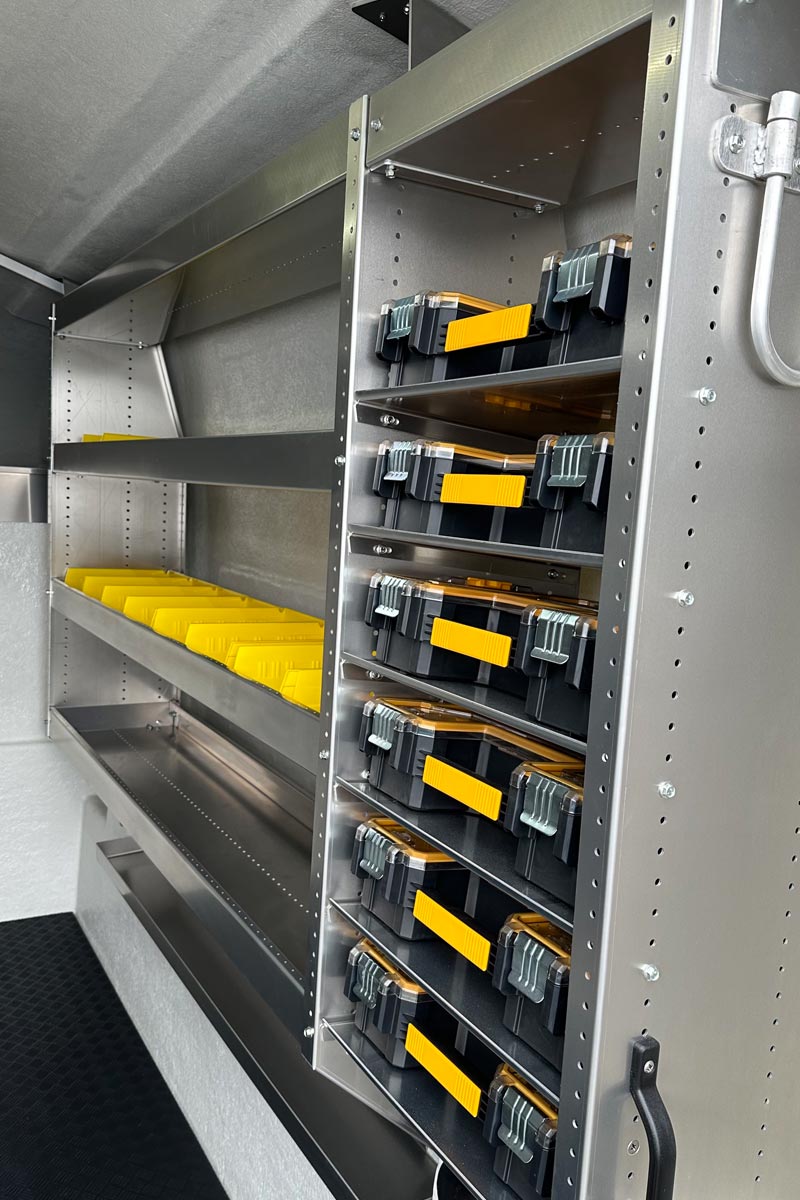 m75-dewalts Interior storage with DeWalt tool case supports and small-parts bins