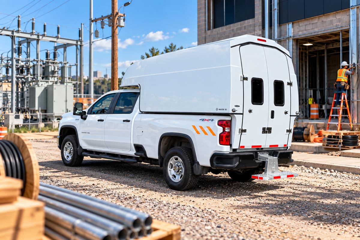 Master 75 mobile workshop service body for electricians on a pickup truck