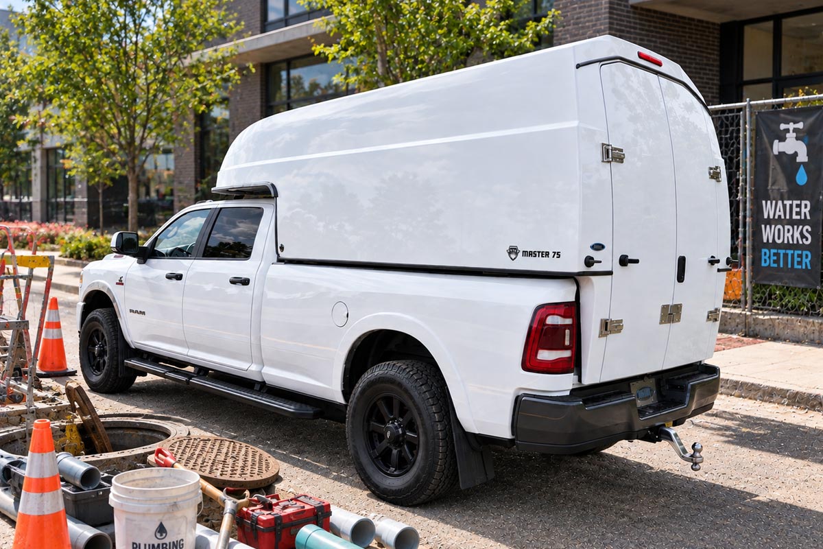 Master 75 stand-up mobile workspace on a pickup truck